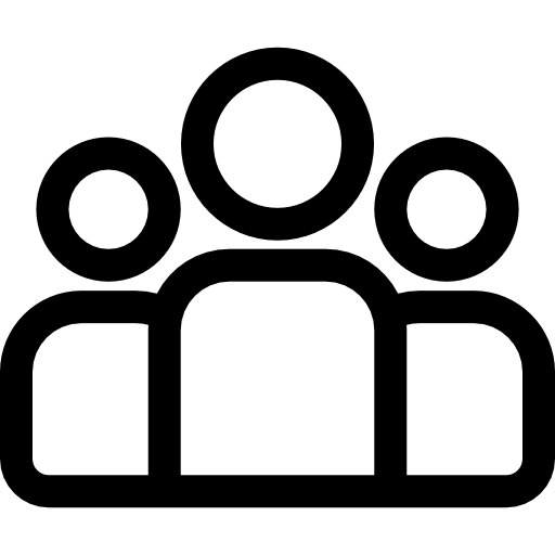 Icône noire représentant trois silhouettes humaines sur fond orange, évoquant un groupe ou une communauté