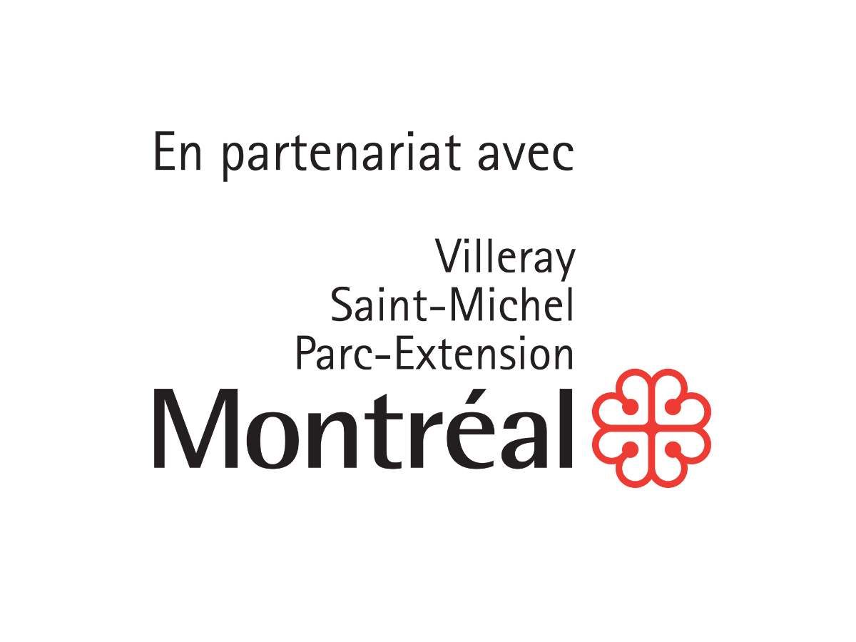 Logo de partenariat avec l'arrondissement de Villeray, Parc-extension et St-Michel à Montréal. Au coin droit en bas, le symbole de Montréal une fleur en rouge.