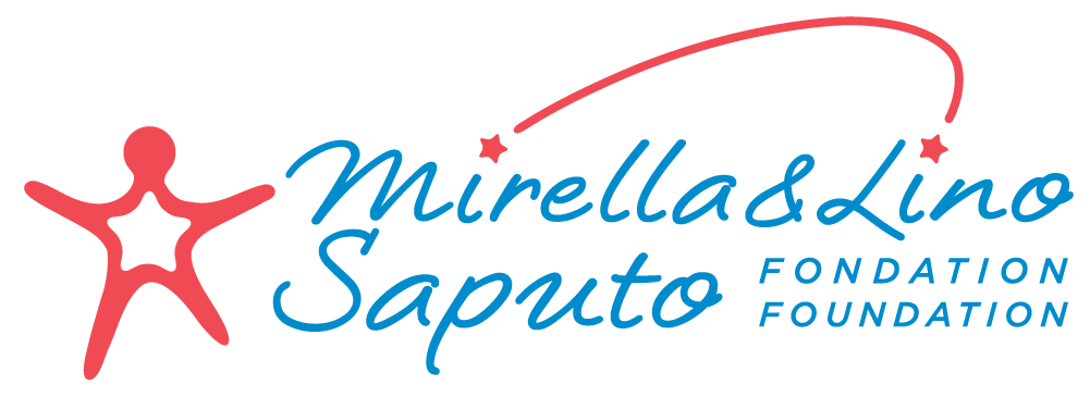 Logo de la Fondation Mirella &Lino Saputo, rouge et bleu, avec un personnage ouvrant les bras.